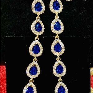 Blue Teardrop Crystal Drop Earrings - Gold Tone